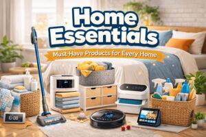 Home essentials including towels, robotic vacuum, air purifier, and smart home devices for everyday use