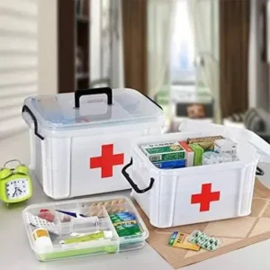 first aid kit in plastic container